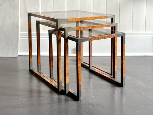A Nest of 1970's Italian Tables with Burr Walnut & Brass Frames