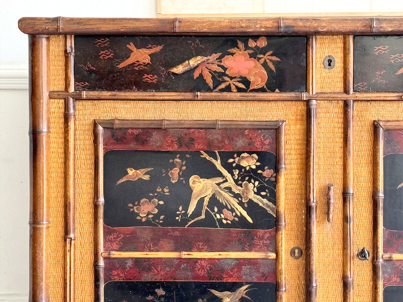 An Antique French Lacquered Chinoiserie Bamboo Chiffoniere