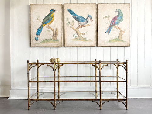 A Mid Century Spanish Gilt Metal Faux Bamboo Console Table with Glass Shelves