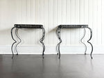 A Pair of 1960's Spanish Metal Console Tables with Original Marble Tops
