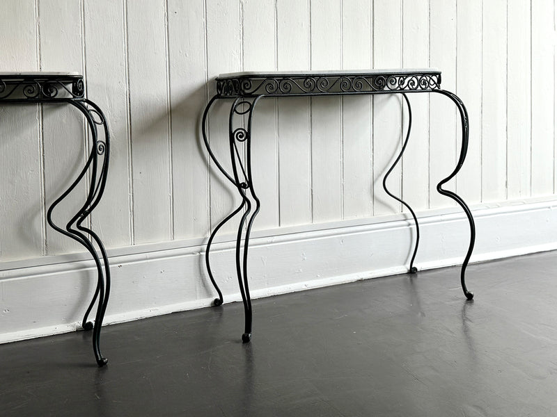 A Pair of 1960's Spanish Metal Console Tables with Original Marble Tops