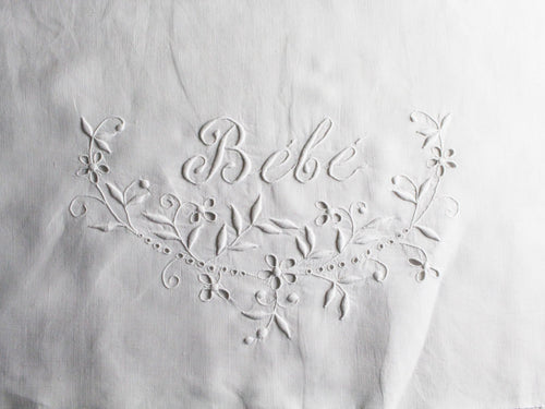 Bébé 50cm Square Cushion - Antique French Embroidered Bébé on Linen P506