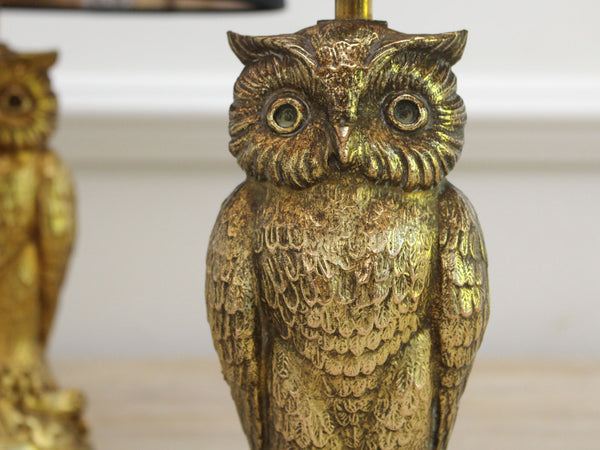 French 1960's Gold Owl Vintage Lamps with Gold Lined Black Shade