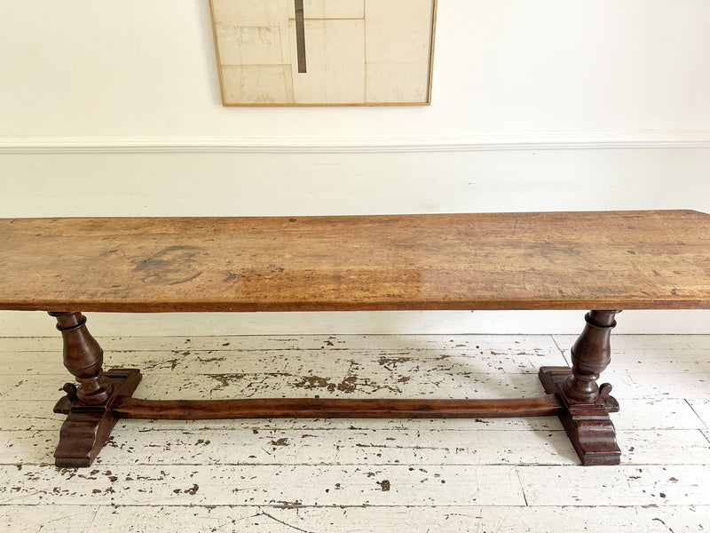 A Single Plank Walnut Top Italian Baroque Trestle Table - 9' Long