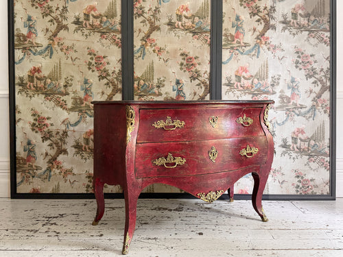 An 18th C French Red Bombe Commode with Original Brass Fixings