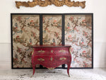 An 18th C French Red Painted Bombe Commode with Original Brass Handles