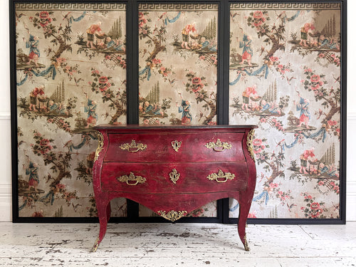 An 18th C French Red Bombe Commode with Original Brass Fixings