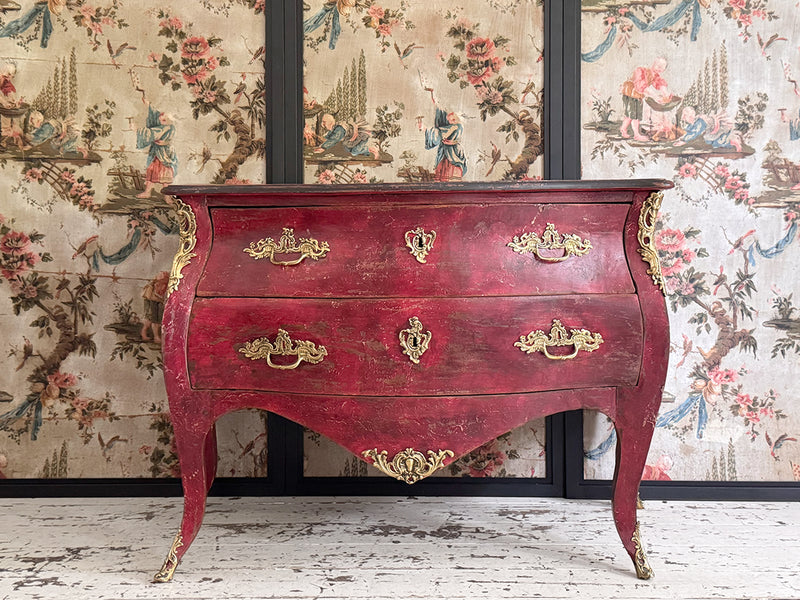 An 18th C French Red Bombe Commode with Original Brass Fixings