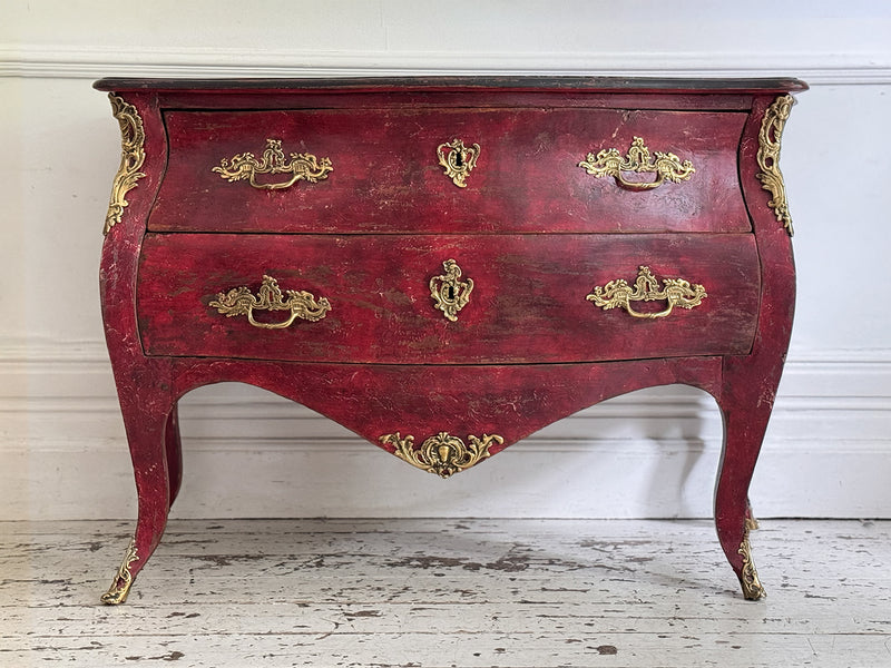 An 18th C French Red Bombe Commode with Original Brass Fixings