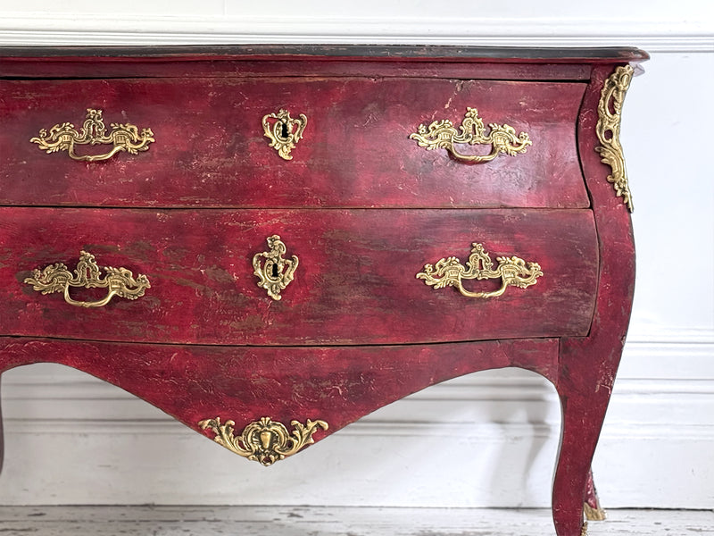 An 18th C French Red Bombe Commode with Original Brass Fixings