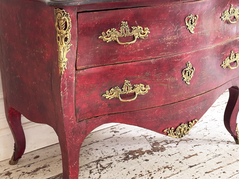 An 18th C French Red Bombe Commode with Original Brass Fixings