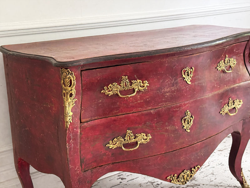 An 18th C French Red Bombe Commode with Original Brass Fixings