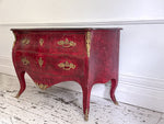 An 18th C French Red Painted Bombe Commode with Original Brass Handles