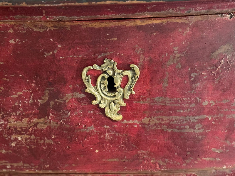 An 18th C French Red Painted Bombe Commode with Original Brass Handles