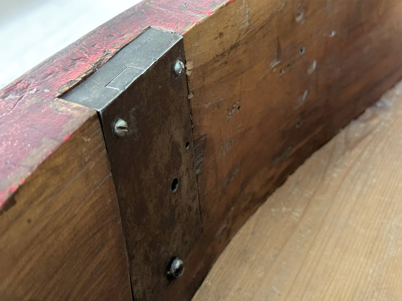 An 18th C French Red Painted Bombe Commode with Original Brass Handles