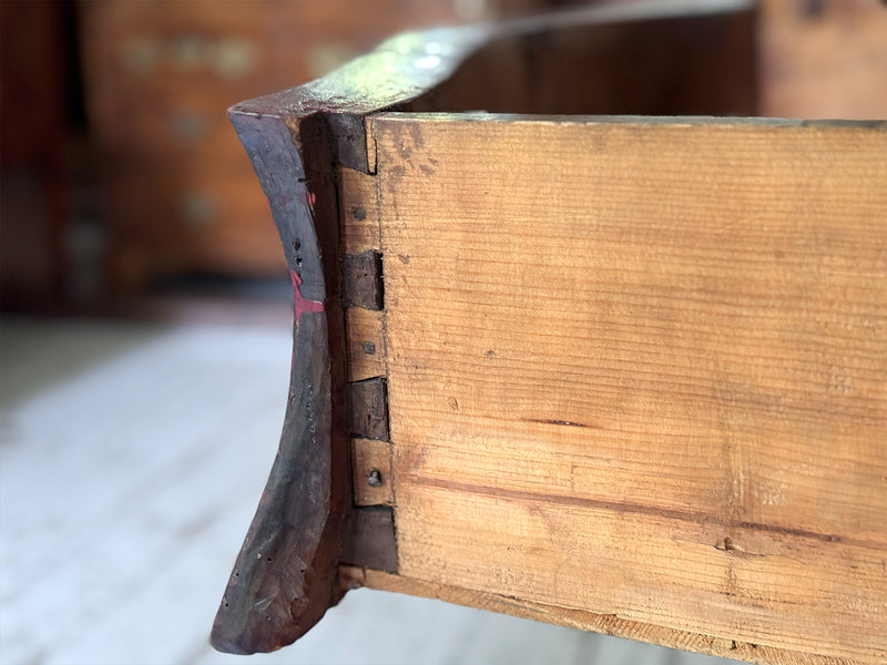 An 18th C French Red Painted Bombe Commode with Original Brass Handles