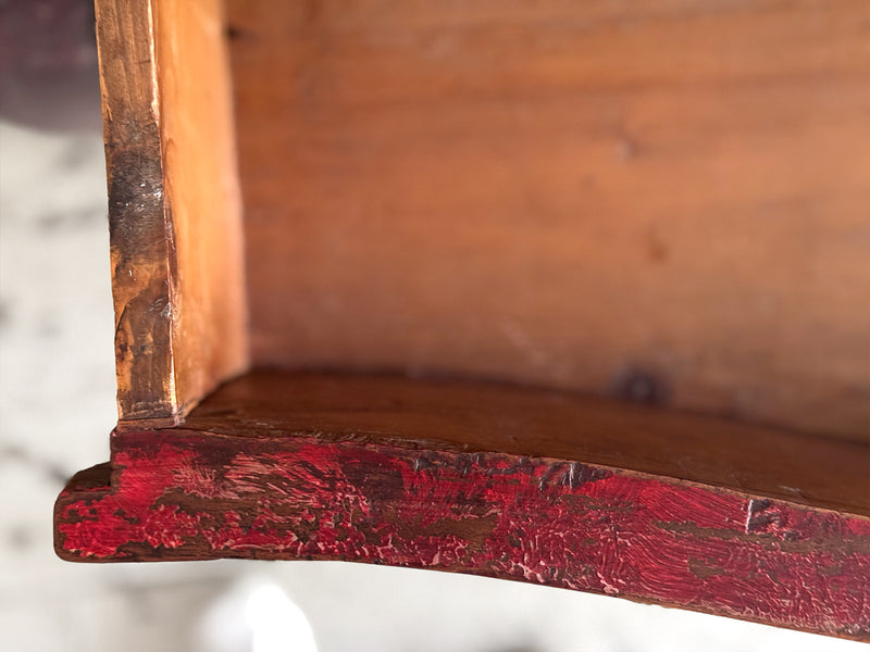 An 18th C French Red Painted Bombe Commode with Original Brass Handles