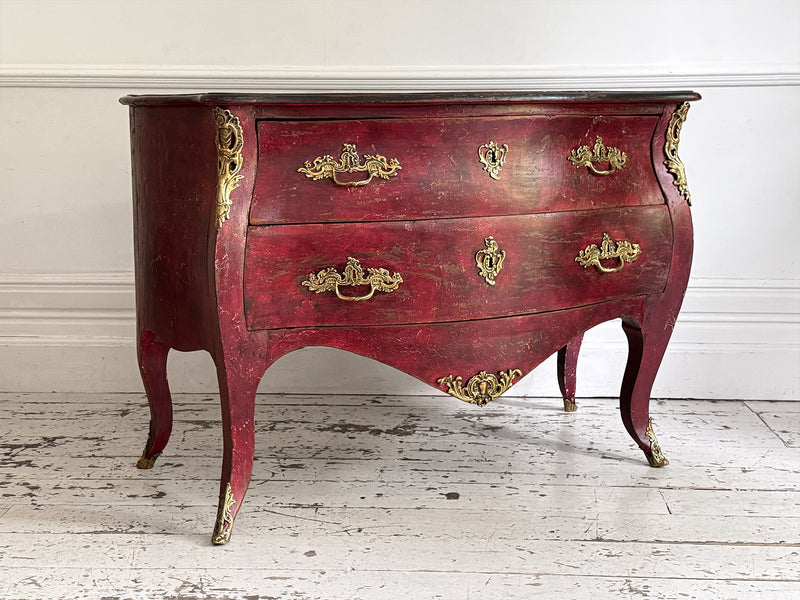 An 18th C French Red Bombe Commode with Original Brass Fixings