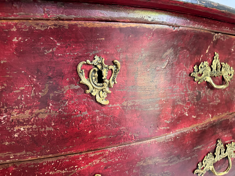 An 18th C French Red Painted Bombe Commode with Original Brass Handles