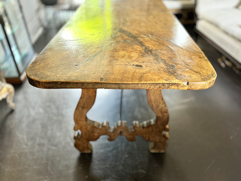 An 18th C Spanish Single Plank Walnut Top Dining Table with Ironwork Beneath