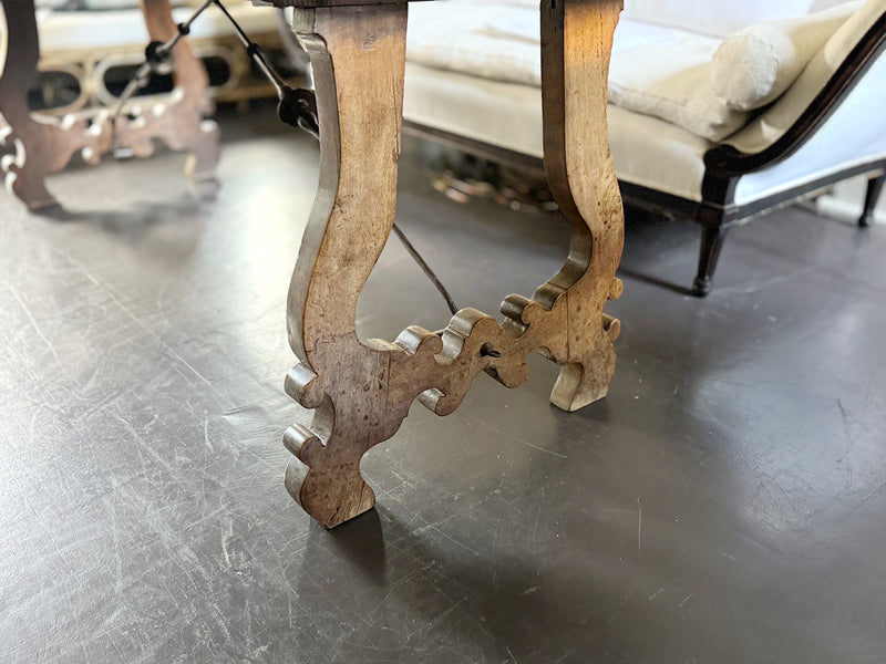 An 18th C Spanish Single Plank Walnut Top Dining Table with Ironwork Beneath