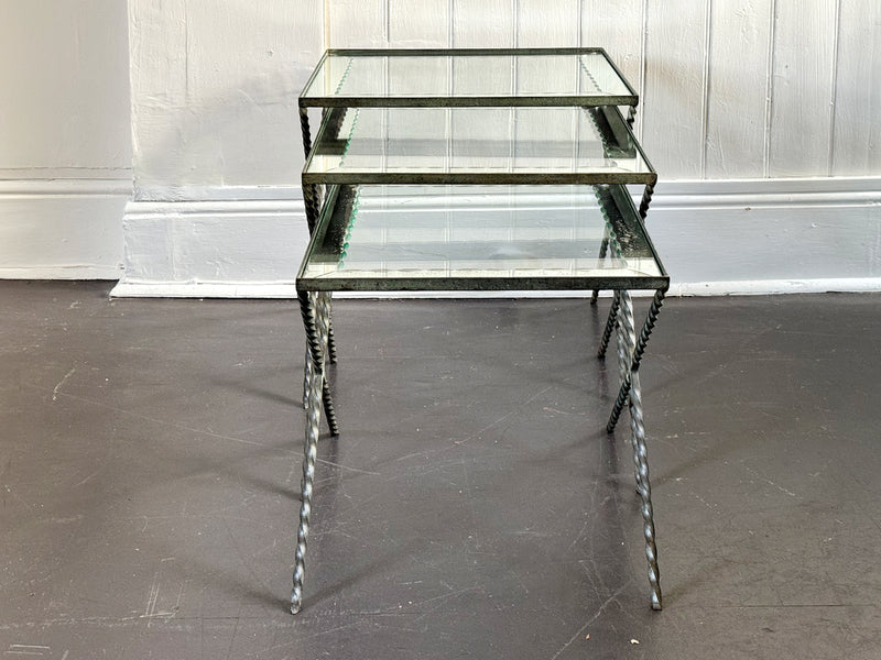 A 1940's French Nest of X-Frame Tables with Etched Glass Tops