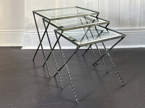 A 1940's French Nest of X-Frame Tables with Etched Glass Tops