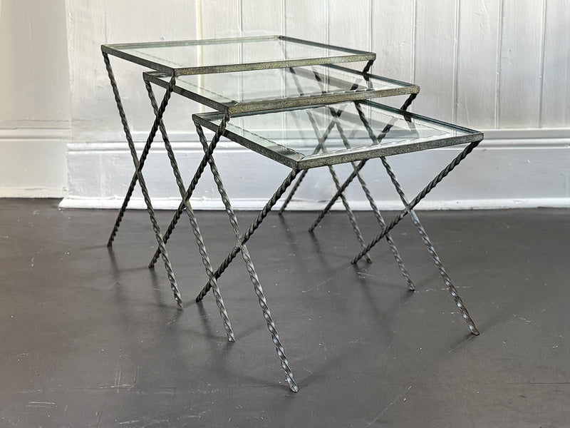 A 1940's French Nest of X-Frame Tables with Etched Glass Tops