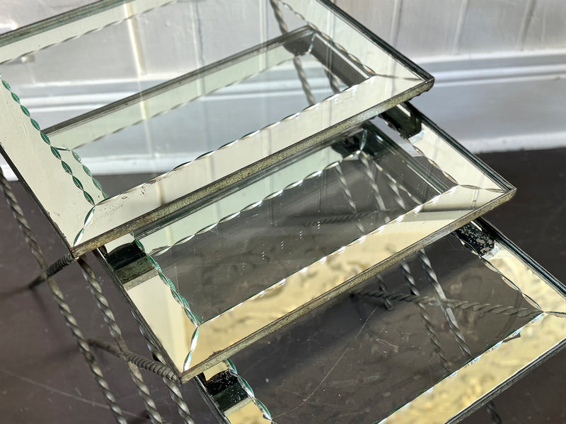 A 1940's French Nest of X-Frame Tables with Etched Glass Tops