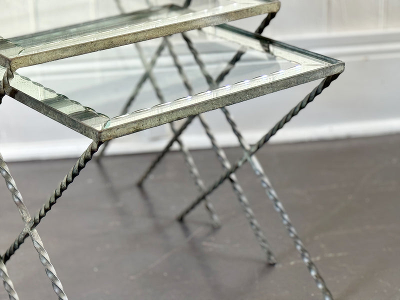 A 1940's French Nest of X-Frame Tables with Etched Glass Tops