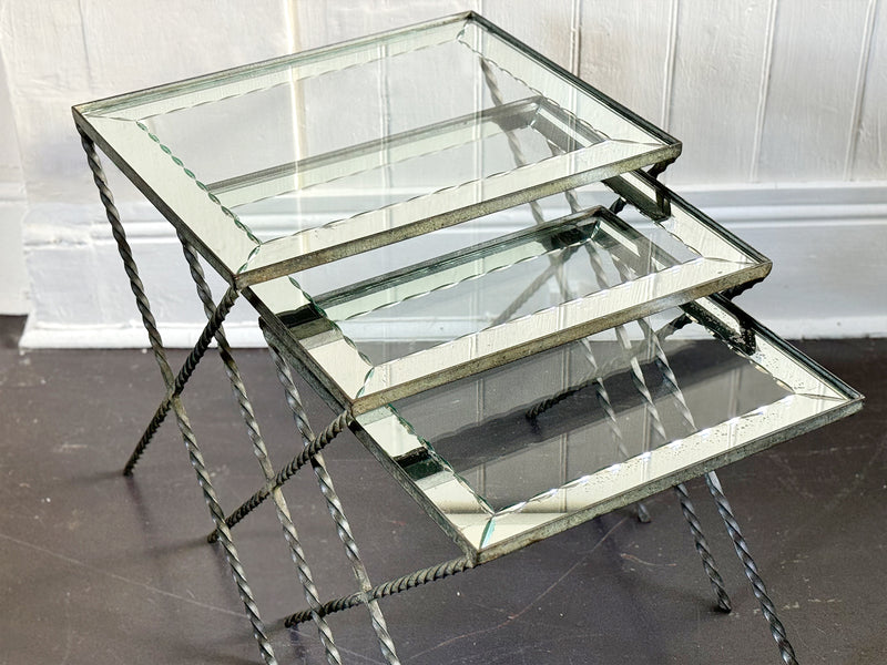 A 1940's French Nest of X-Frame Tables with Etched Glass Tops