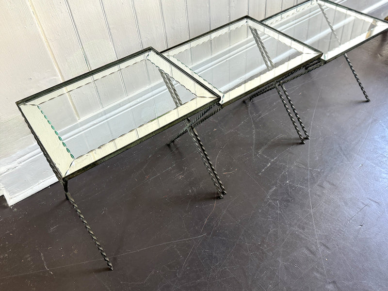 A 1940's French Nest of X-Frame Tables with Etched Glass Tops