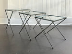 A 1940's French Nest of X-Frame Tables with Etched Glass Tops