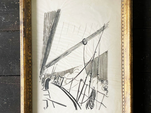 A Framed Pen & Ink Sailing Boat Scene Sketched by André Petroff