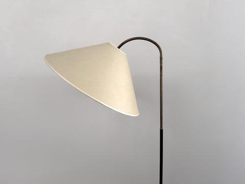 A 1950's French Adjustable Brass Reading Lamp with Parchment Shade