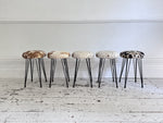 1950's French Cowhide Stools on Metal Tripod Legs