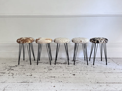 1950's French Cowhide Stools on Metal Tripod Legs