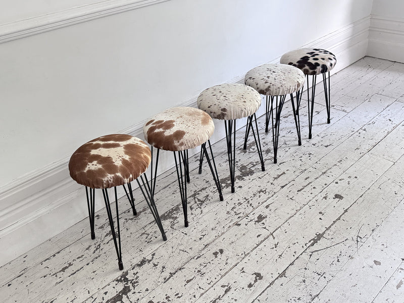 1950's French Cowhide Stools on Metal Tripod Legs
