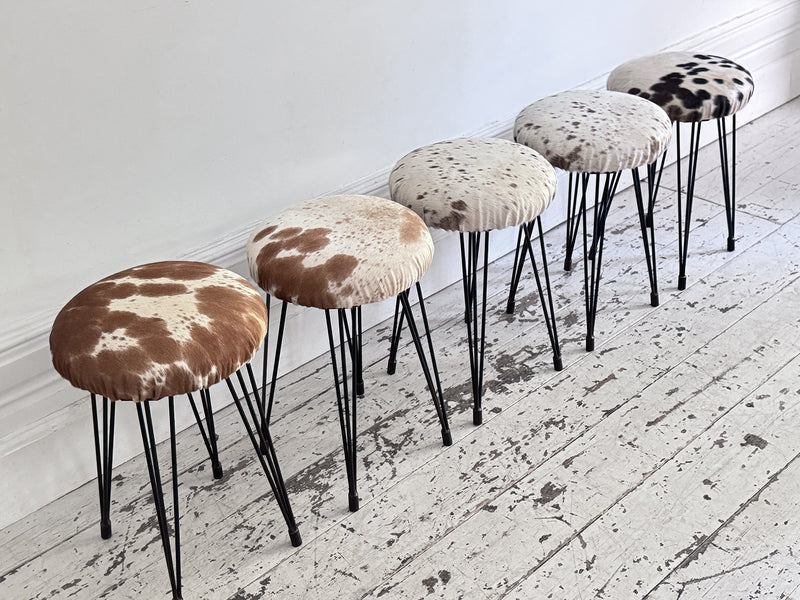 1950's French Cowhide Stools on Metal Tripod Legs