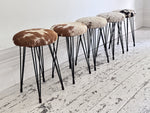 1950's French Cowhide Stools on Metal Tripod Legs