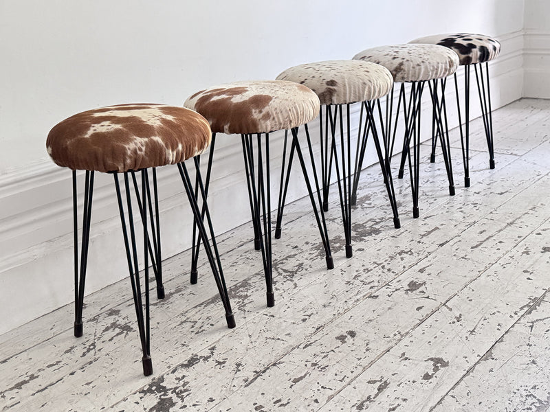 1950's French Cowhide Stools on Metal Tripod Legs