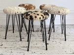 1950's French Cowhide Stools on Metal Tripod Legs