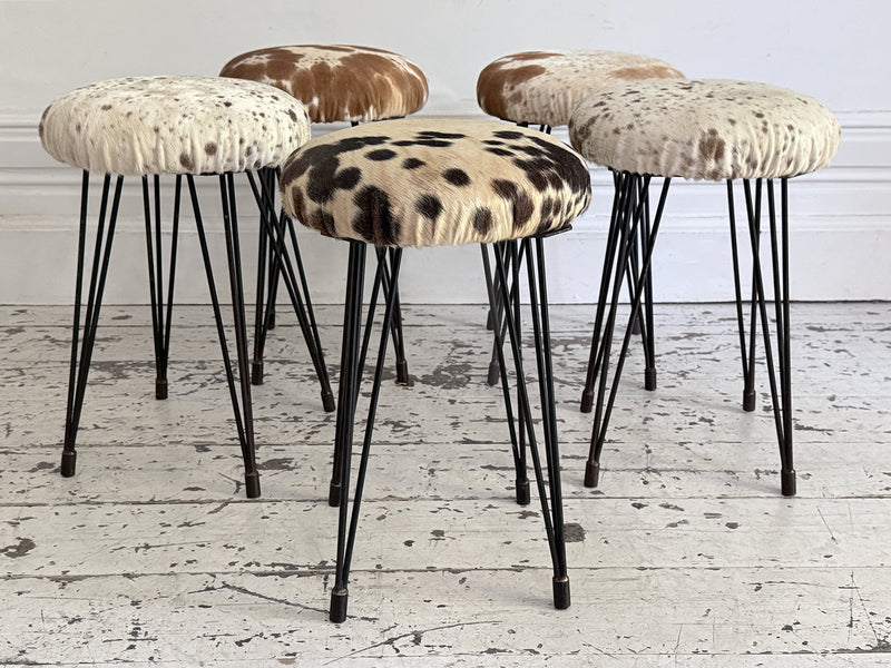 1950's French Cowhide Stools on Metal Tripod Legs