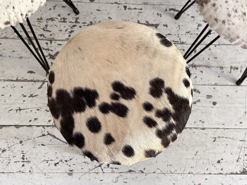 1950's French Cowhide Stools on Metal Tripod Legs