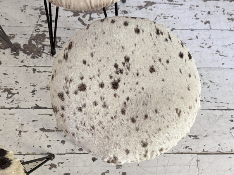 1950's French Cowhide Stools on Metal Tripod Legs