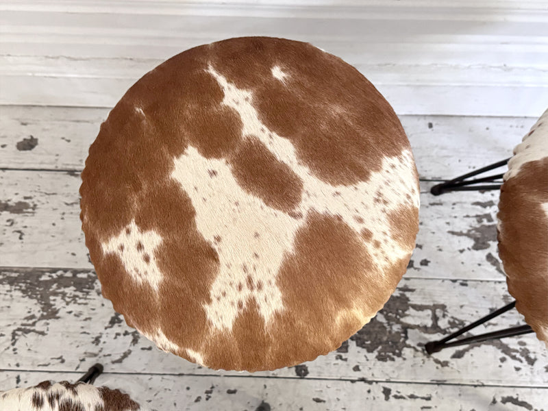 1950's French Cowhide Stools on Metal Tripod Legs