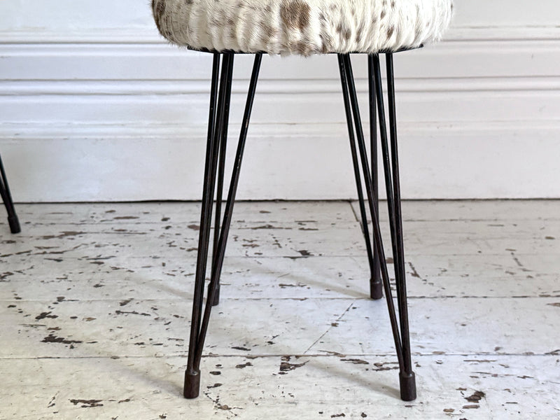 1950's French Cowhide Stools on Metal Tripod Legs