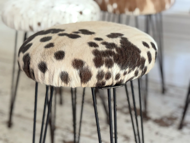 1950's French Cowhide Stools on Metal Tripod Legs