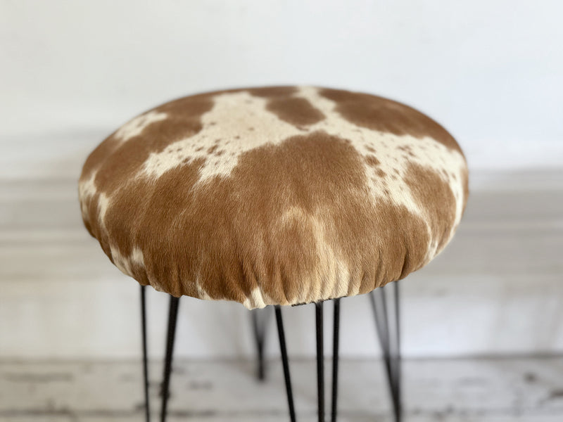 1950's French Cowhide Stools on Metal Tripod Legs