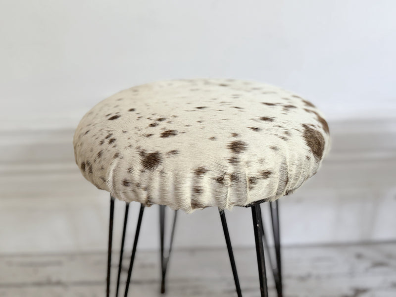 1950's French Cowhide Stools on Metal Tripod Legs